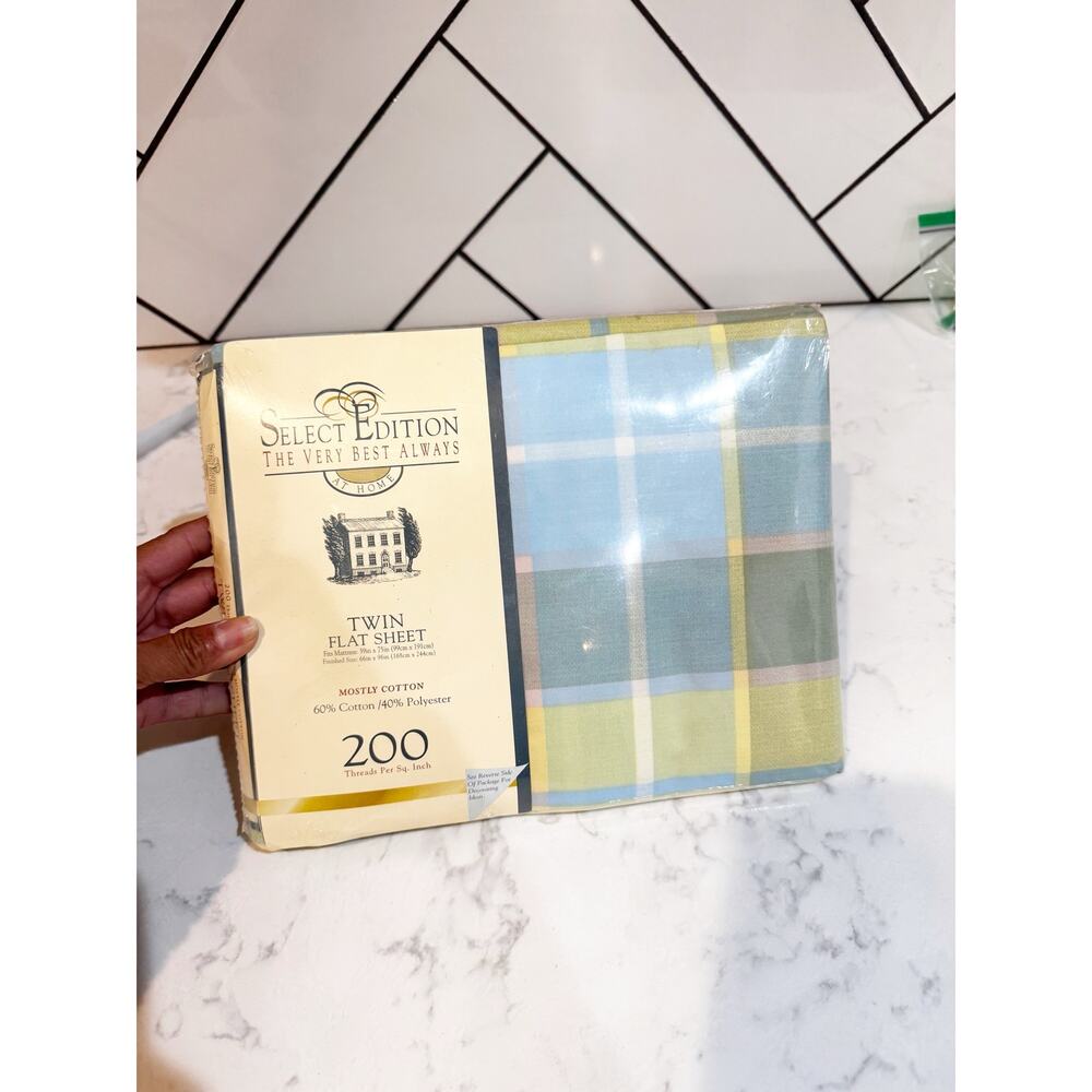 Select Edition twin flat sheet blue green yellow plaid pattern vintage 80s 90s